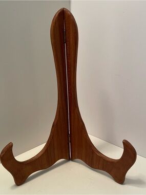 Vintage Wood Easel Display Stand Brass Inlay Plates Framed Art 11.75”